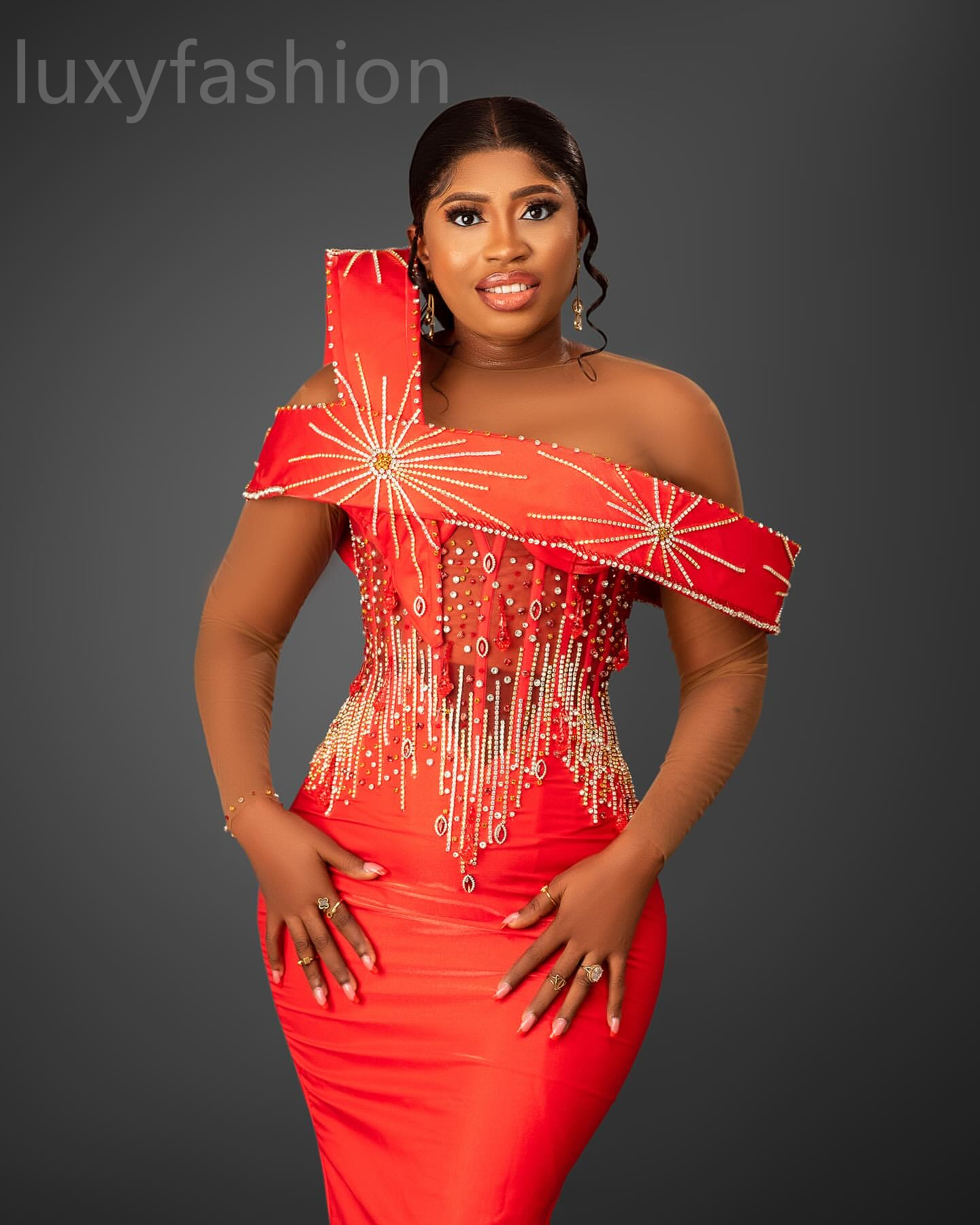 Aso Ebi 2024 Red Mermaid Prom Dresses Stylish Beaded Crystals Evening Party Formal Second Reception Birthday Enagement Thanksgiving Dress Gowns LF074