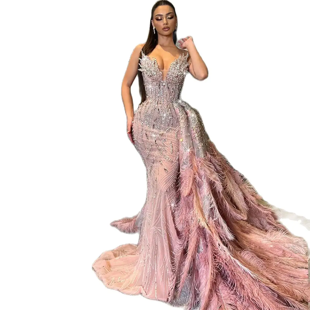 Gorgeous Mermaid Evening Dresses Strapless Sleeveless Gown Crystal Feather Sequins Sweep Train Prom Party Dress Custom Made