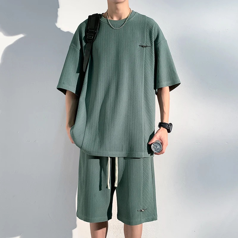 Mens Shorts Tshirt Set Summer Texture Ice Silk Smooth Draping Youth Short Sleeve Solid 240601
