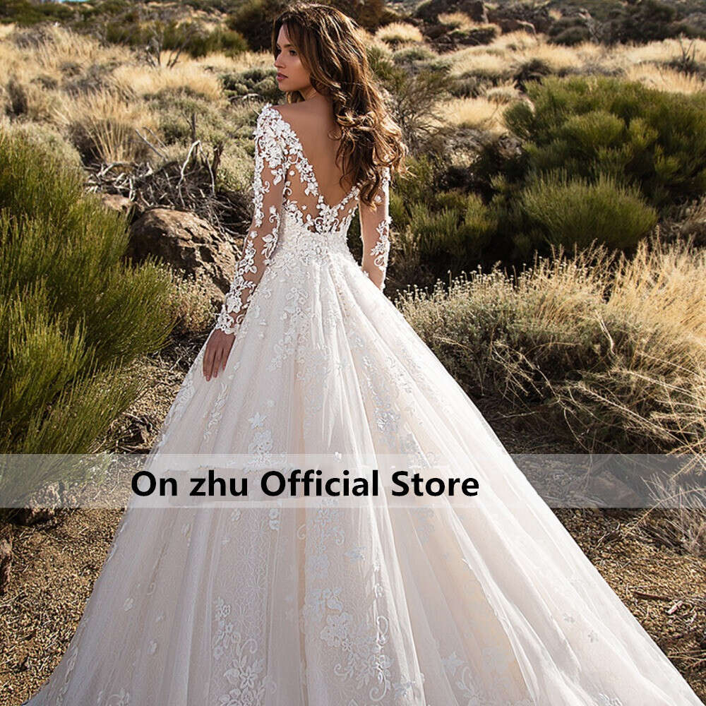 Glamorous Lace Appliques A-e Wedding Dresses Sexy Scoop Neck wers Long Sleeve Princess Bride Gown Plus Size 0605