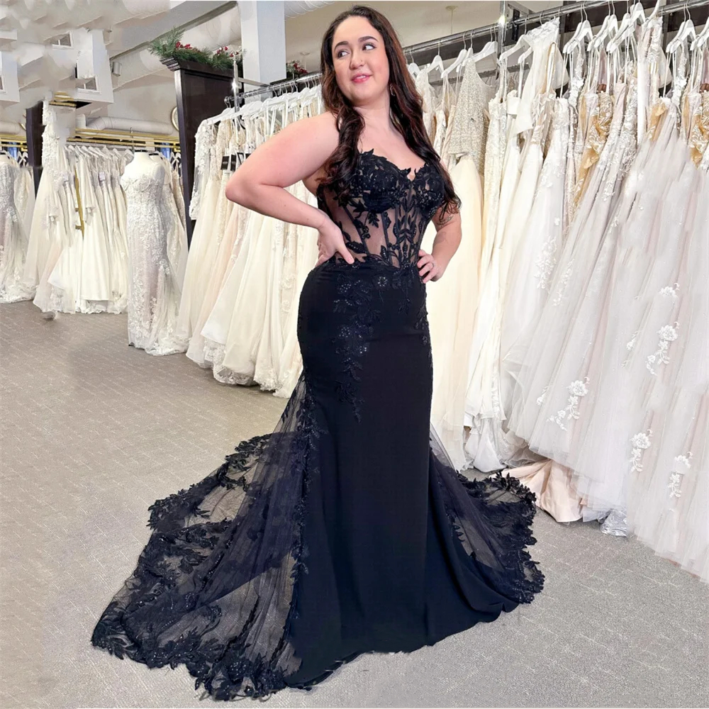 Fish Tail Long Train Boho Mermaid Wedding Dresses Spaghetti Straps Sexy Black Beach Wedding Gowns Lace Appliques Gothic Bridal Vestido De Novia 2024