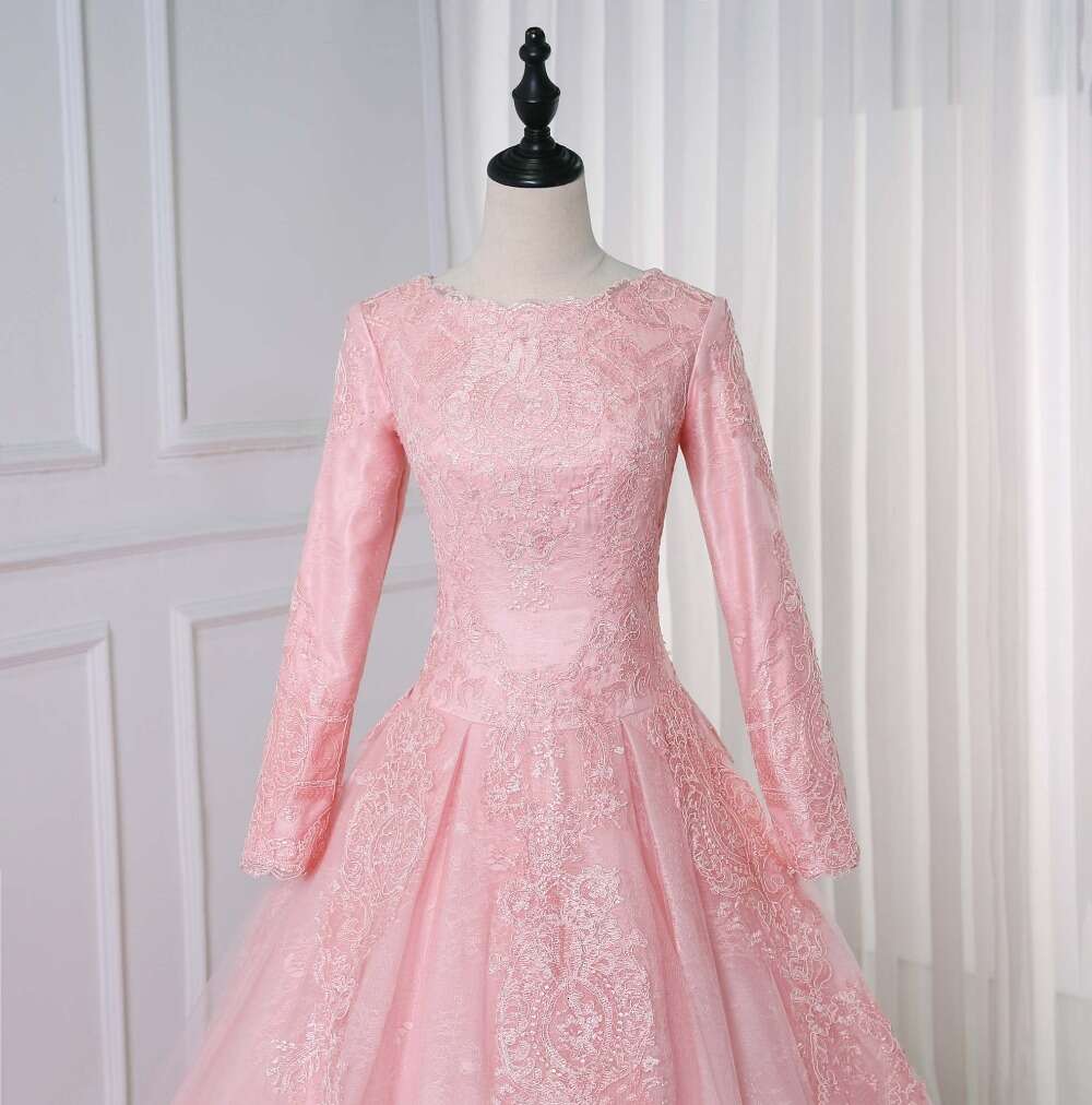 Pink Lace Muslim Dress Ball Gown Long Sleeve Princess Wedding Dresses For Women Bride Vestidos De Noiva 0605