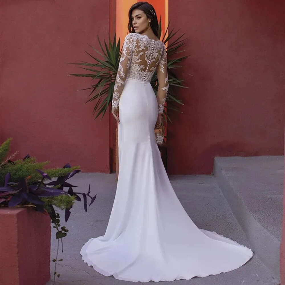 Elegant A-Line Wedding Dresses For Women V Neck Long Sleeve Lace Applique Bridal Vestidos De Novia Robe De Mariee 0605
