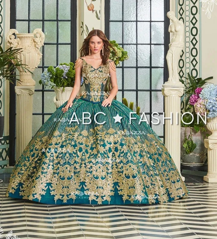 Teal Mexican Quinceanera Dresses Ball Gown V-neck Appliques Lace Sparkly Puffy Charro Sweet 16 Dresses 15 Anos