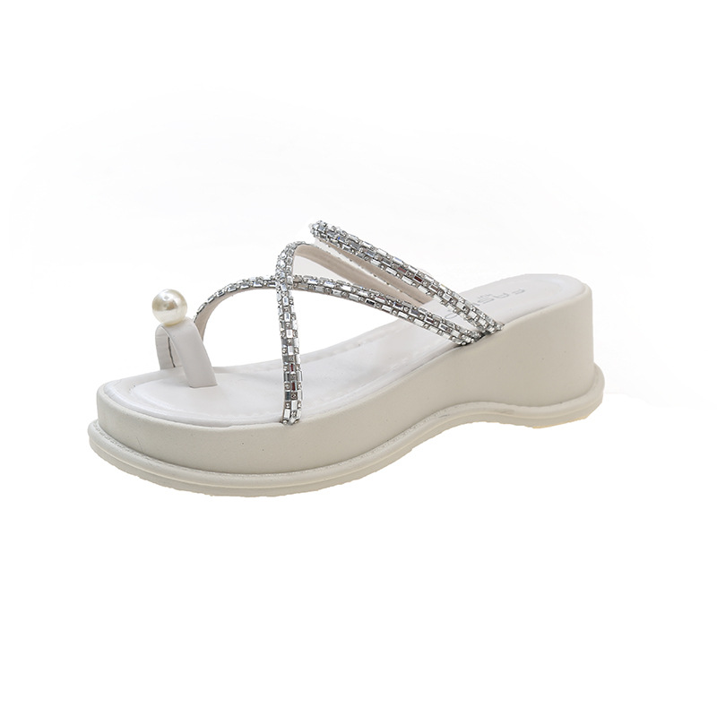 Wind Summer Fashion Small Fairy Cool Slippers Womens Pearl Water Dia Toe Sandals Comfortable Thick Sole Slope Heels Wear Non slip and Free Shipping Lh
