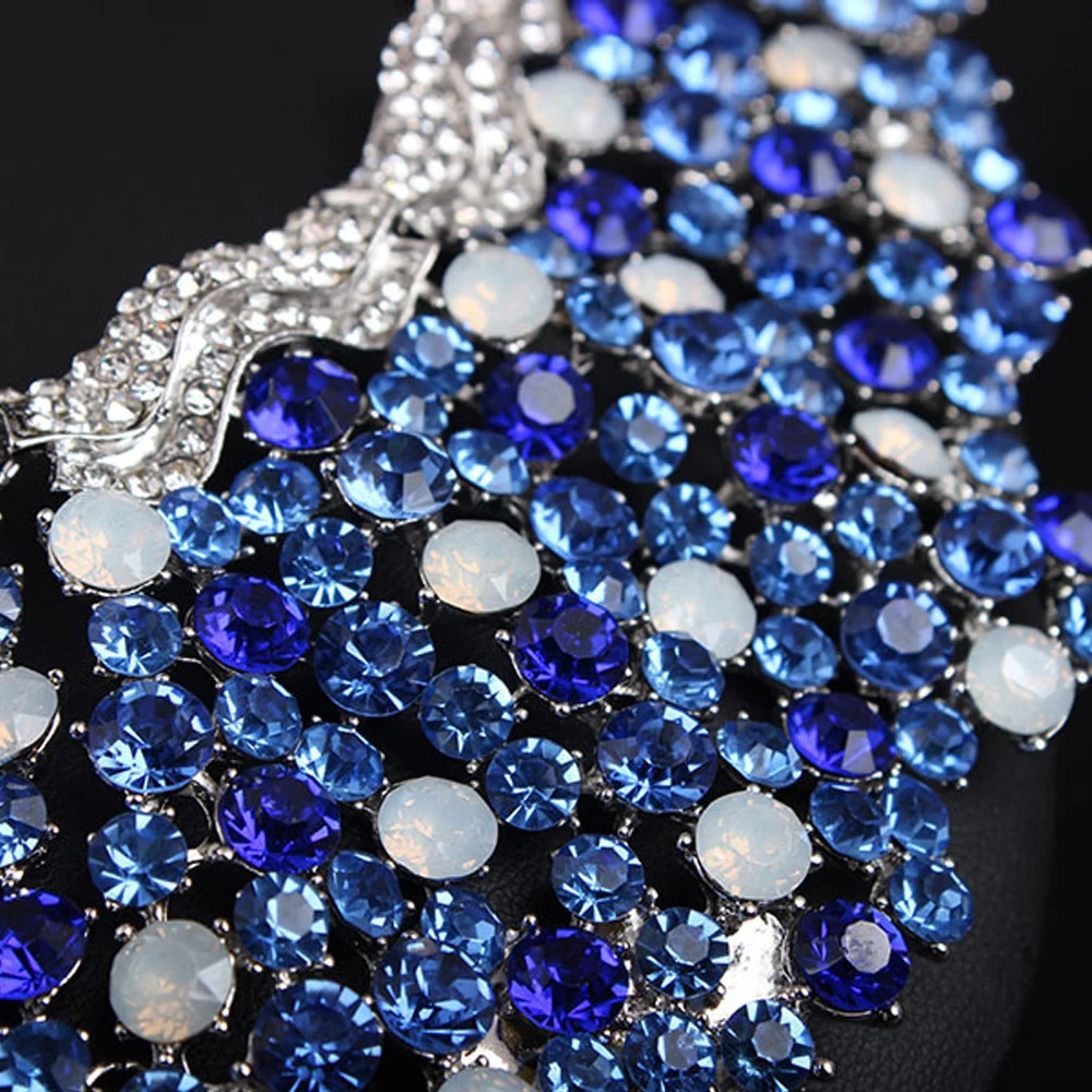 Retro Blue Rhinestone Crystal Necklace Earring Set for Women Pendant Jewelry Accessories Set Womens Dress Wedding Banquet Gift 240531