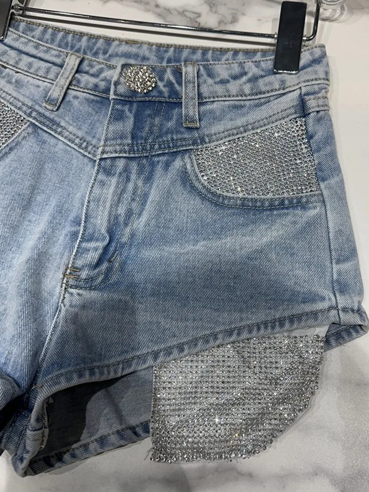 Sexy Women Diamonds Pocket Denim Shorts Casual Streetwear Short Jeans Night Clubwear Shorts Female Summer Slim Fit Trousers 240603