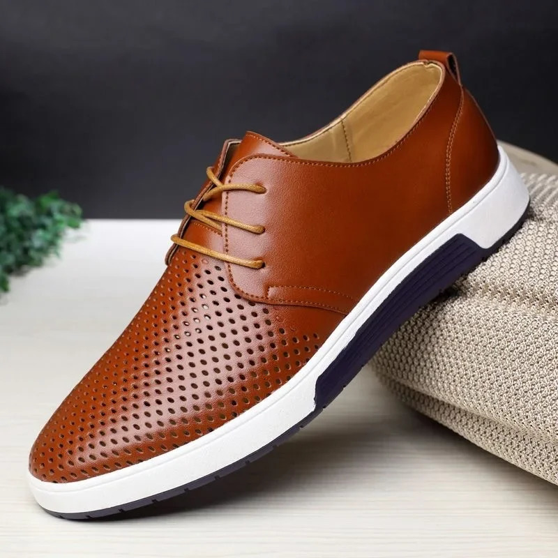 Fashion Hollow Loafers for Men Summer Mesh Breathable Flat Shoes Mens Driving Shoes Lace Up Classic Business Leather Shoes 250225