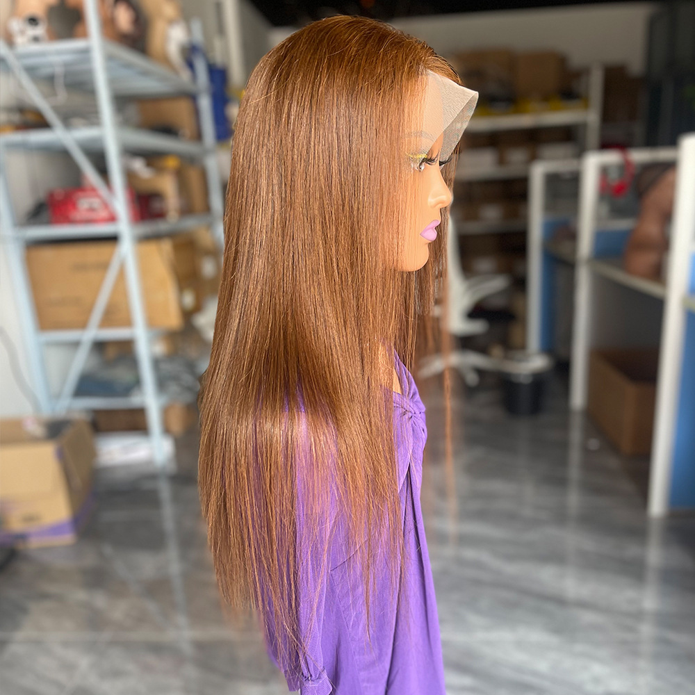 150% Density 13X4 Front Lace Brown Long Smooth Straight Elasticity Gum Free Women Wig Brazilian Virgin Human Hair 16 To 30 Inches