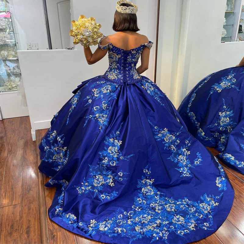 Royal Blue Off-Shoulder Quinceanera Dresses Applique Lace Crystal Vestidos De 15Anos Birthday Party Corset Ball Gown