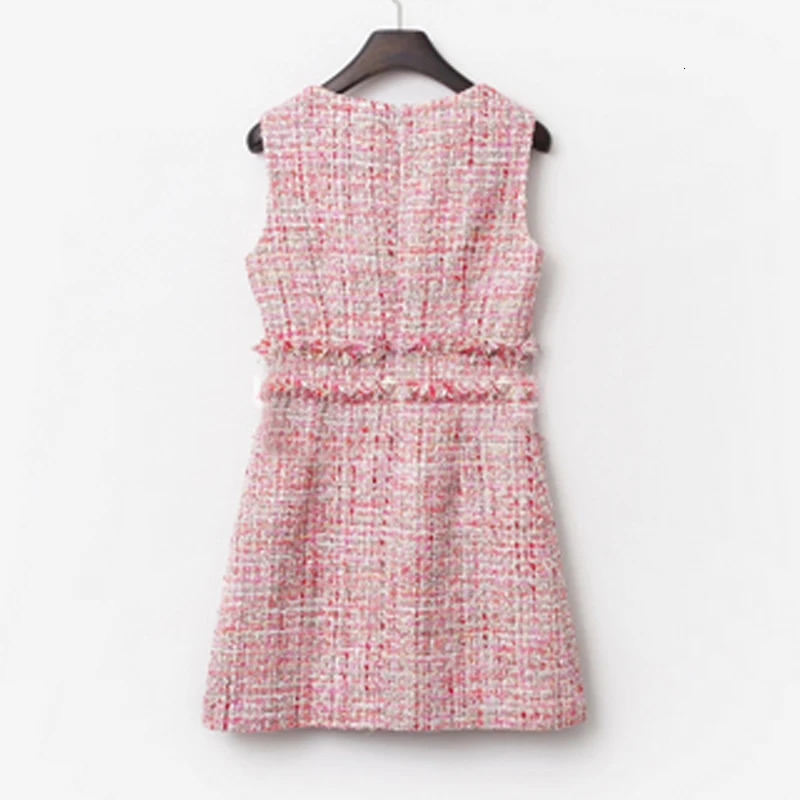 Pink tweed dress sleeveless spring / autumn womens dress tassel ladies slim bottoming dress one-piece 240529