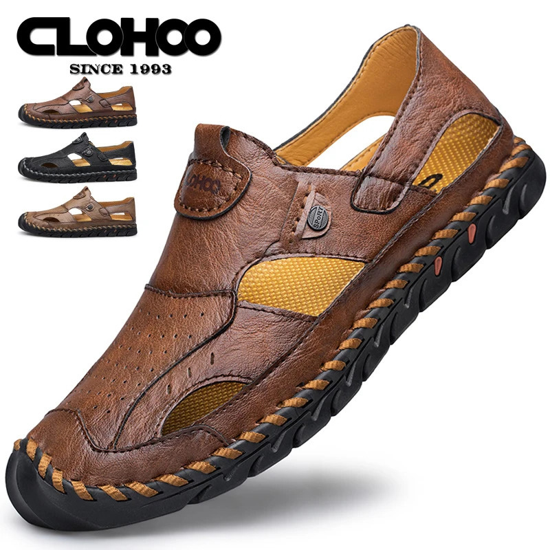 CLOHOO Mens Breathable Leather Shoes Hollow Hole Shoes Soft Sole Soft Surface Casual Sandals 240605