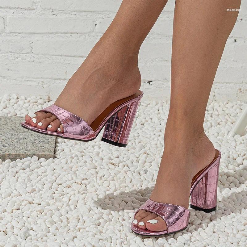 Slippers 2024 Summer Women 10cm High Heels Round Toe Soft Leather Designer Sandals Party Elegant Snake Print Purple Gold Shoes