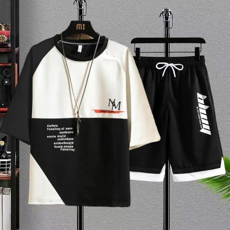 Plus Size 7XL Summer Mens Sets Fashion Patchwork Color Streetwear Tracksuit TShirt Shorts Set Men 2 Piece Joggers Sports Suit 240601