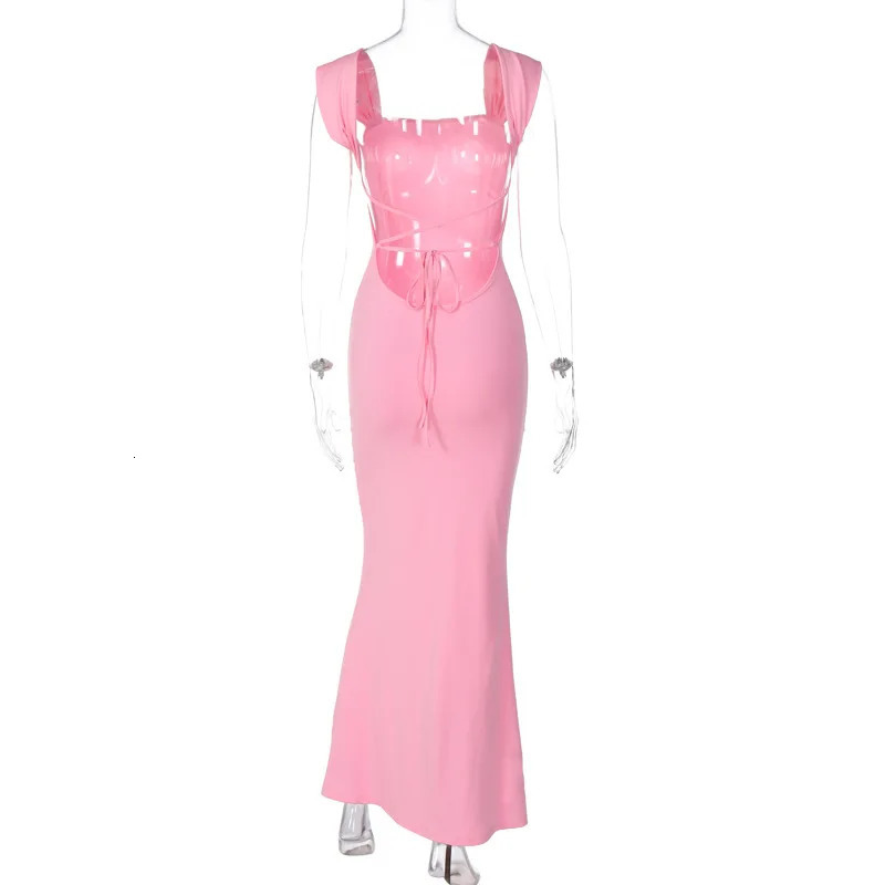 Elegant Pink Sexy Bandage Backless Maxi Dress Summer Backless Outfits for Women Birthday Vestido Sun Dresses Chic Sexy Dress 240530