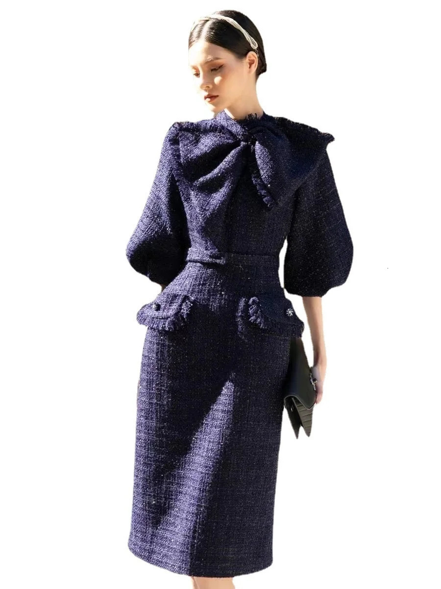JAMERARY Fashion Autumn Winter Tweed Dress For Women Lantern Sleeve Midi Long Bodycon Dresses Office Lady Korean Style 240529