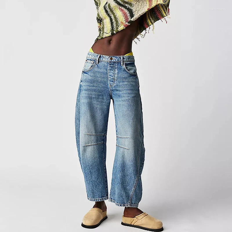 Women's Jeans Wide Leg Woman Casual Loose Y2K Low Waist Denim Pants Boyfriend Cropped Barrel Baggy With Pockets