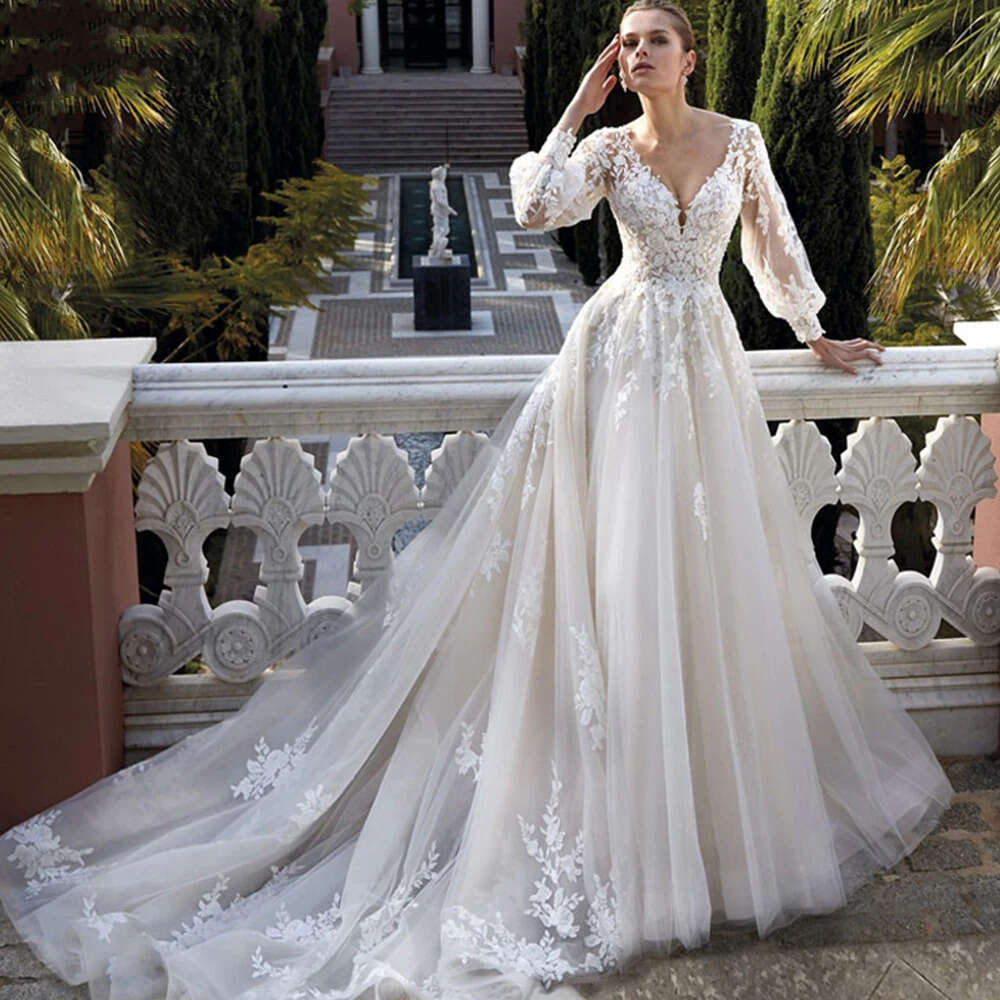 Wedding Dresses For Women 2024 V Neck Lace Applique A Line Bridal Gowns With Long Puff Sleeves Civil Vestidos De Novia 0605
