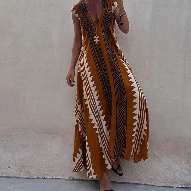 Fashion Pattern Printed Short Sleeve Dress Summer Loose High Waist Bohemian Dress Womens Sexy V-neck Robe Dresses Vestidos 240529