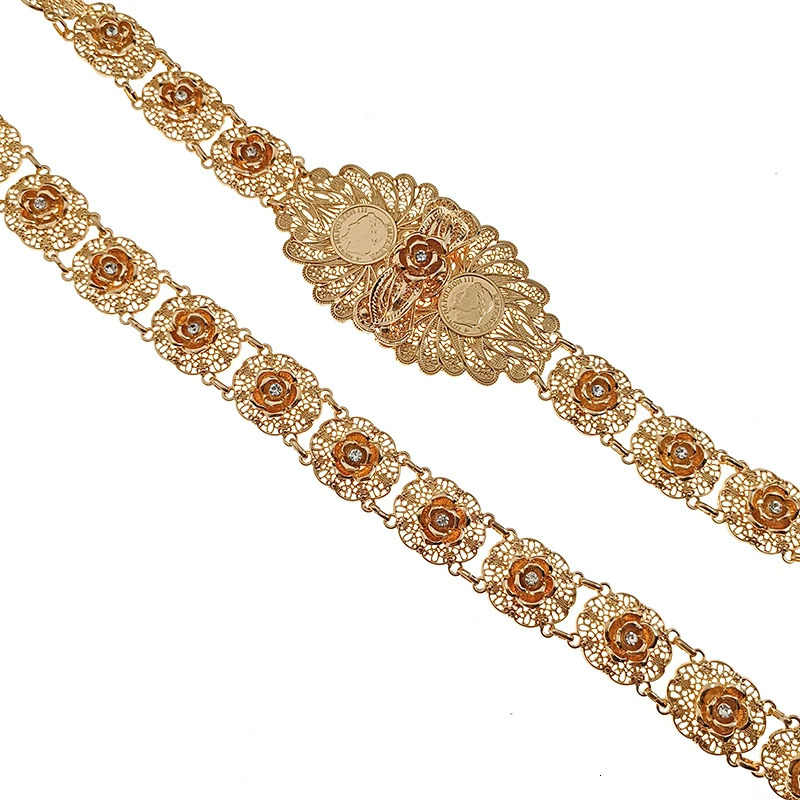Turkish Coin Metal Belt Fashion Cutout Rose Flower Waist Chain French Party Robe Waist Jewelry Napoleon Pattern Bridal Gift 240531