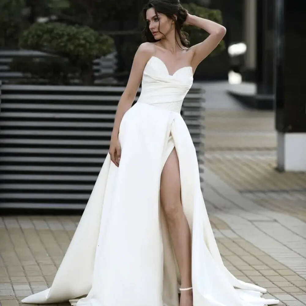 Elegant Vestidos Novias Boda Satin Wedding Dresses Side Slit For Women A-Line Stunning Bridal Gowns Customize Robe Mariee 0605