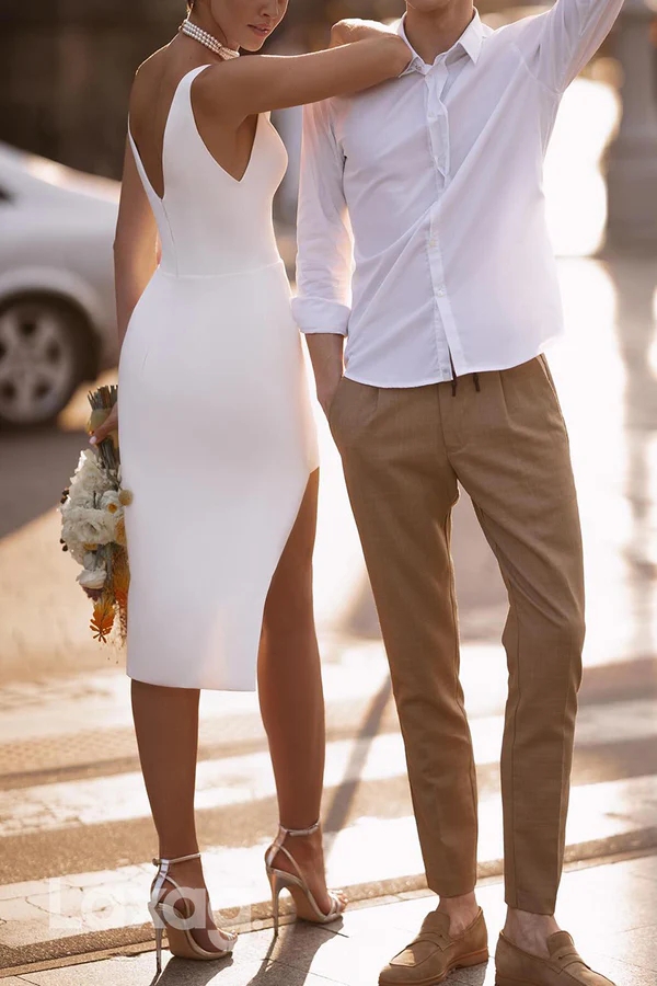 2024Simple Strapless A Line Short Wedding Dresses Buttons Satin Puffy Skirt Bridal Party Gown Corset Mini White Cocktail Dress for Bride