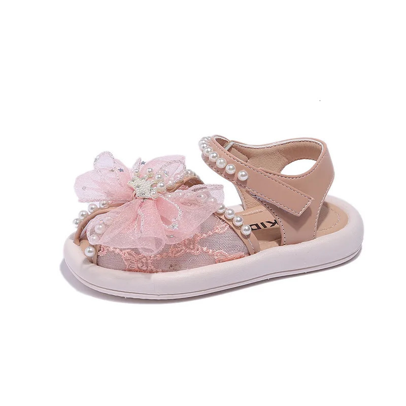 Summer Baby Girls Flower Pearl Fish Mouth Sandals Sweet Soft Sole Breathable Mesh Toddler Princess Shoes Kids Beach Sandals 240524