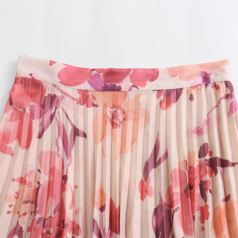 Zach Ailsa 2024 Spring Product Womens Flower Print Long sleeved Shirt Small pleated Midi Dress Fashion Set 240601