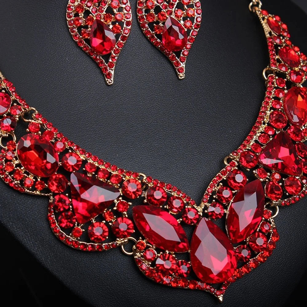 Exaggerated Ruby Clavicle Necklace and Earring for Women Set Fashion Bridal Wedding Jewelry Gemstone Fashion Accessories 240531