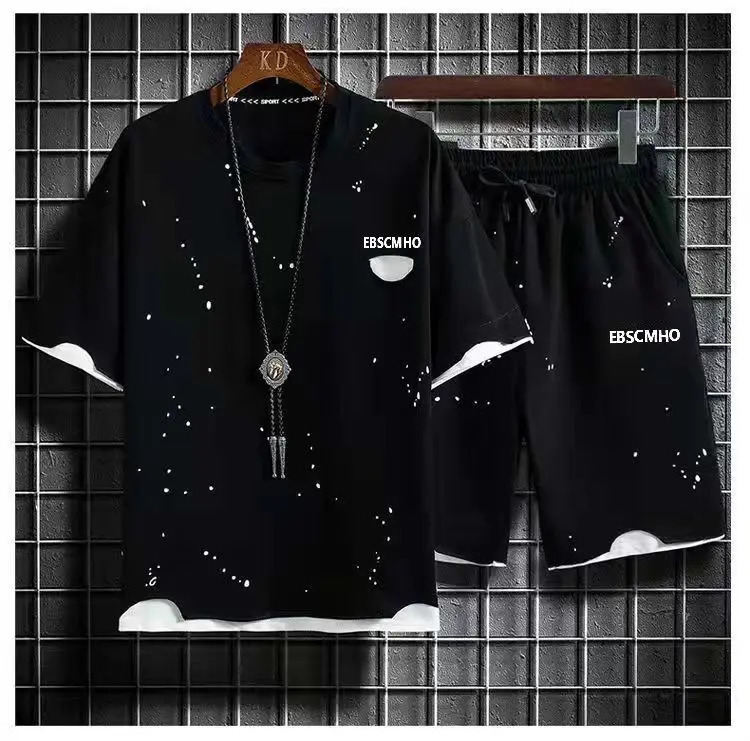 Plus Size 7XL Summer Mens Sets Fashion Patchwork Color Streetwear Tracksuit TShirt Shorts Set Men 2 Piece Joggers Sports Suit 240601