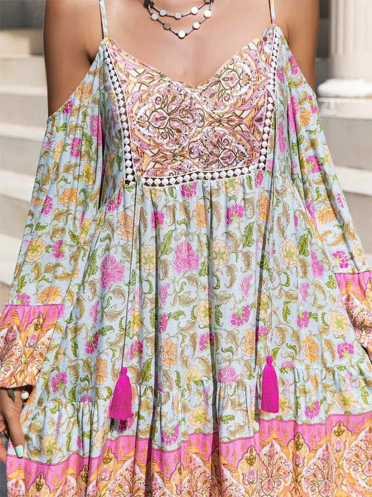 Boho Inspired floral print rayon mini boho dress for women off shoulder V-neck half sleeve bohemian boho beach summer dress 240529