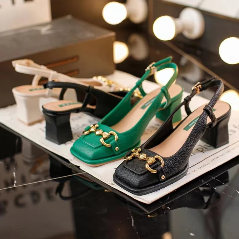 Womens Mid-heel Summer French Style Flat Casual Sandals Chunky Heel Mary Jane Shoes Black Green Talon Femme 240605