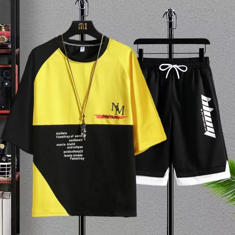 Plus Size 7XL Summer Mens Sets Fashion Patchwork Color Streetwear Tracksuit TShirt Shorts Set Men 2 Piece Joggers Sports Suit 240601