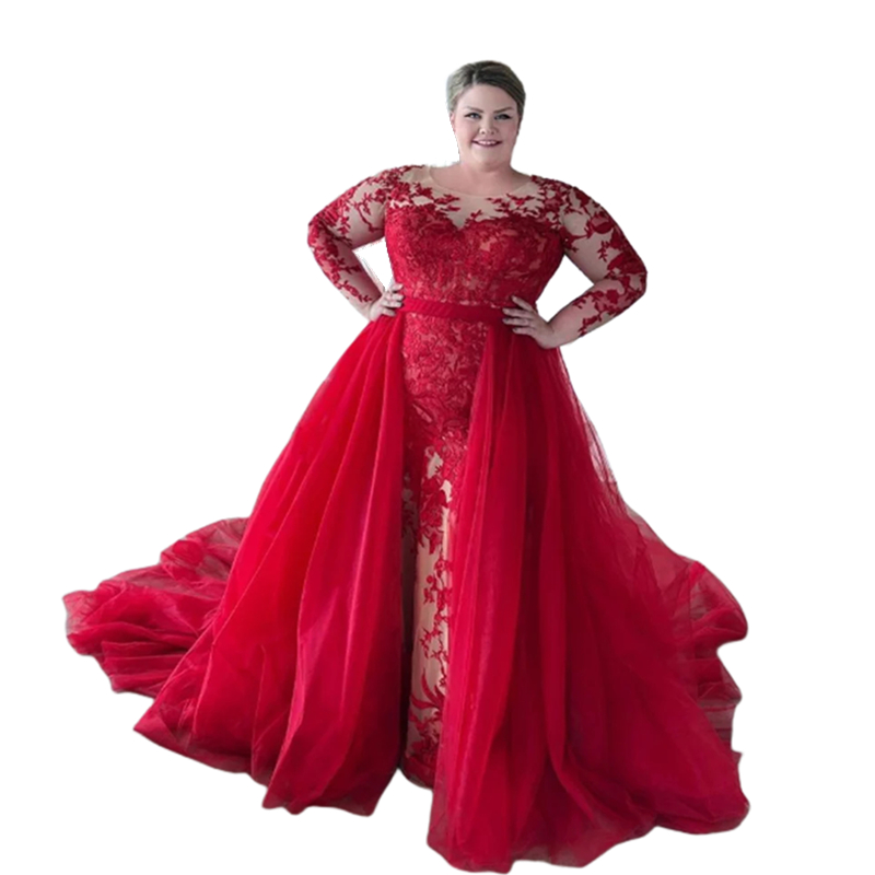 Classic Red And Champagne Mermaid Wedding Dresses with Removeable Train Lace Appliques Long Sleeves Bridal Dress 2024 Plus Size Wedding Gown
