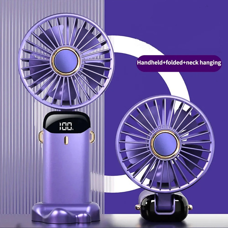 USB Mini Handheld Fan 5-gears Wireless Electric Fan Portable Air Conditioner Rechargeable Desktop Fans Folding Hanging Neck Fan LED Digital Display Fa
