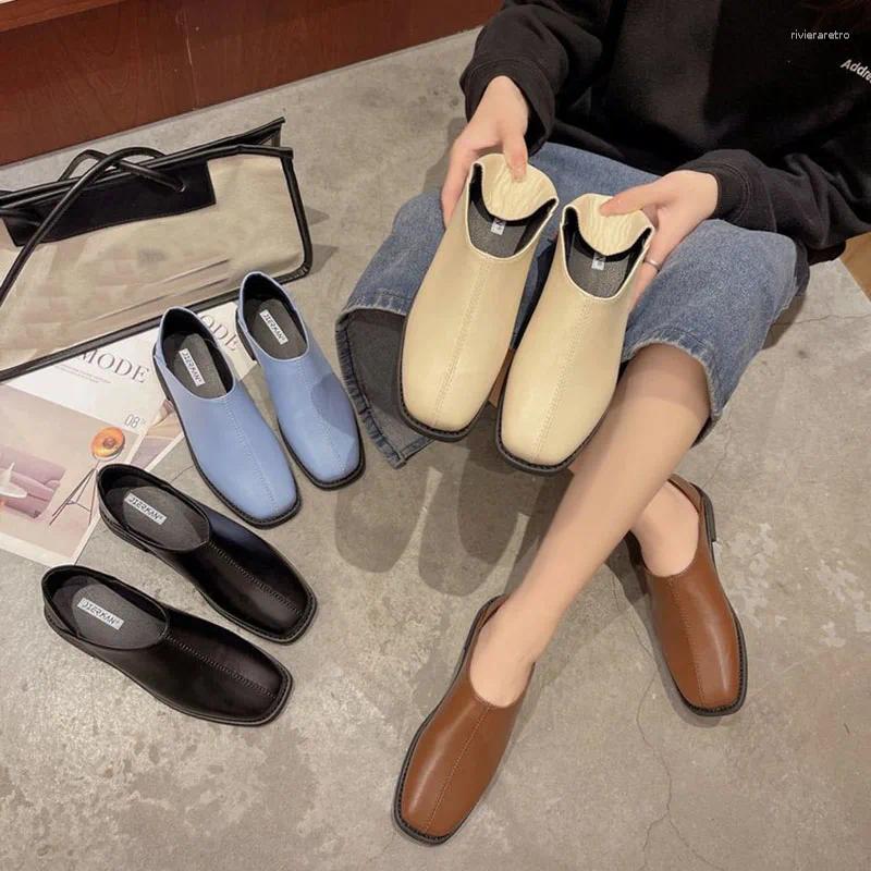 Casual Shoes 2024 Spring V Open Sewing Leather Woman Square Toe Grandma Gloves Flats Female Mules Slip On Loafers