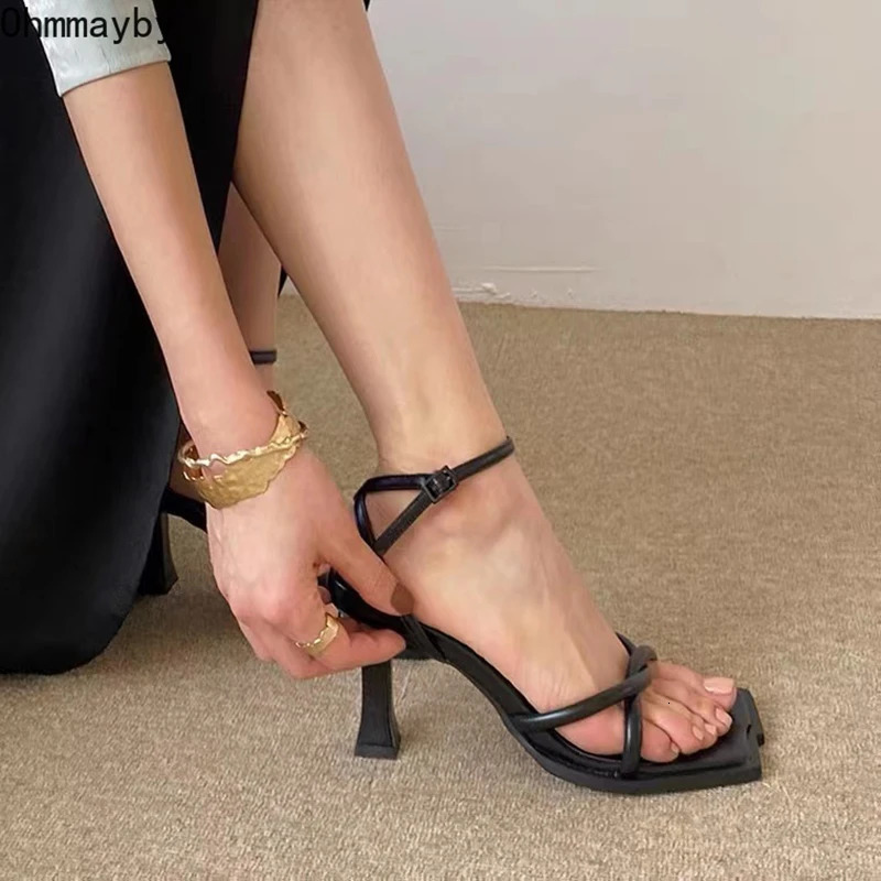2024 Summer Narrow Band Heel Sandals Women Thick Heel 7 CM Ankle Strap Fashion Square Toe Ladies Dress Sandalias Womens shoes 240605