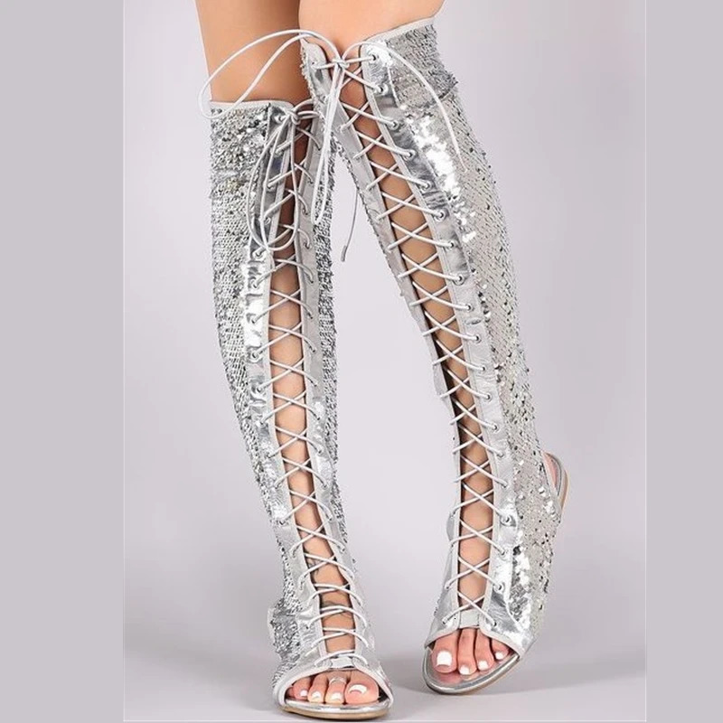 Sandals for Women Sandals Strappy Open Toe Knee High Summer Gladiator Flat Sandals Roman Bandage Casual Boots Shoes Plus 44 240605