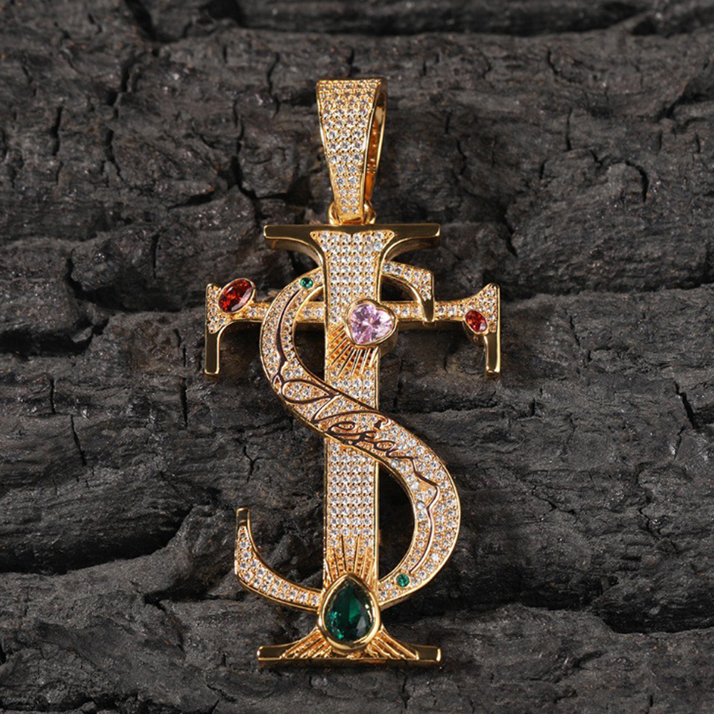 Hip Hop TS Cross Pendant Necklace Colorful 5A Zircon Real Gold Plated Jewelry