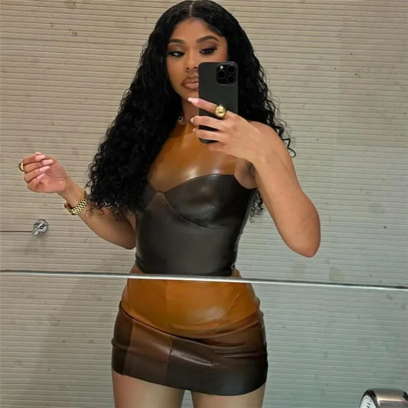 Patchwork PU Leather Bodycon Y2K Dress Suit Summer Sleeveless Crop Tank Tops Mini Skirt Two Piece Matching Sets Outfits 240601