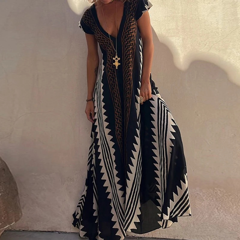 Fashion Pattern Printed Short Sleeve Dress Summer Loose High Waist Bohemian Dress Womens Sexy V-neck Robe Dresses Vestidos 240529