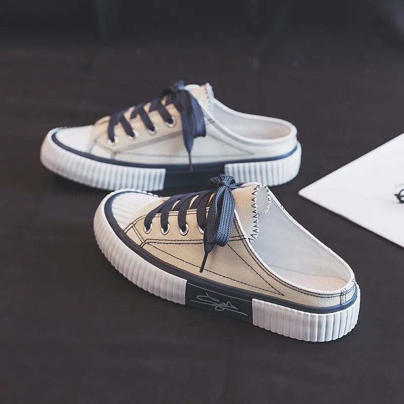 Casual Summer Shoes Sneakers Womens For Women Canvas Flats Backless Lace Up Slip On Half Slippers atos Mujer Laofers 2406