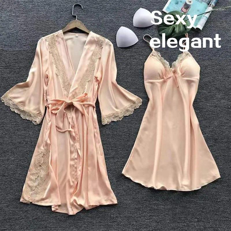 Home Clothing 2pcs Woman Sexy Pamas Sleepwear Lace Robe And Pants Lingerie Bathrobe Silk Satin Clothed Nightwear For Ladies