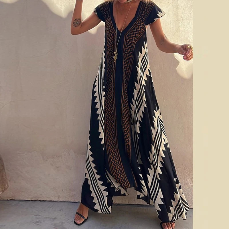 Fashion Pattern Printed Short Sleeve Dress Summer Loose High Waist Bohemian Dress Womens Sexy V-neck Robe Dresses Vestidos 240529