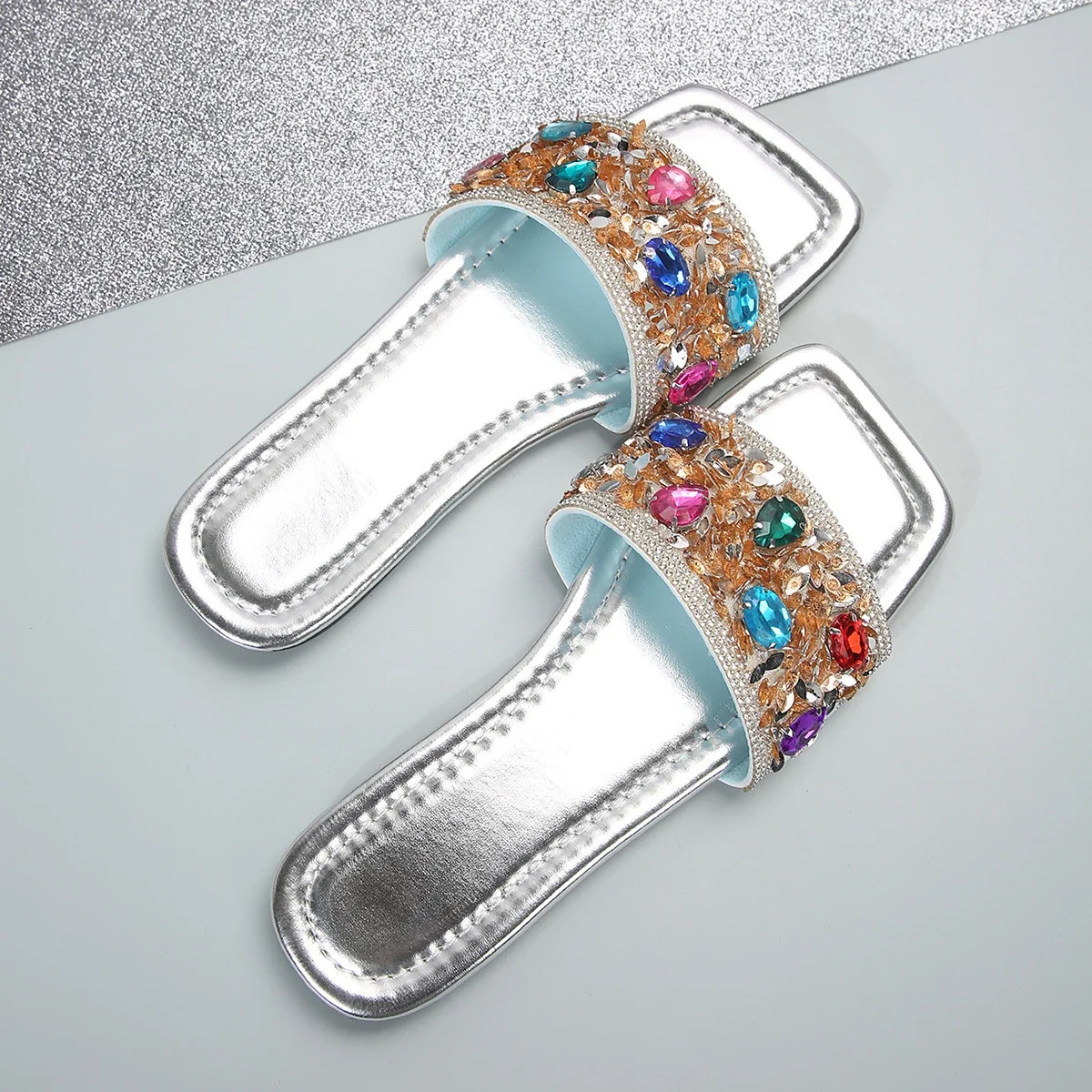 Summer Shiny Slippers for Women New Ladies Flat Beach Slipper Women Silver Sandals Outdoor Shoes Luxury Designer Plus Size 43 240605
