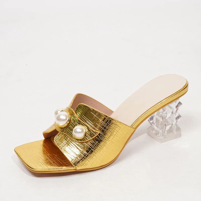 Liyke 2024 Fashion Transparent Lace Slider Womens Pearl Leather Square Lace Summer Sandals Womens Shoes Mule Slider 240605