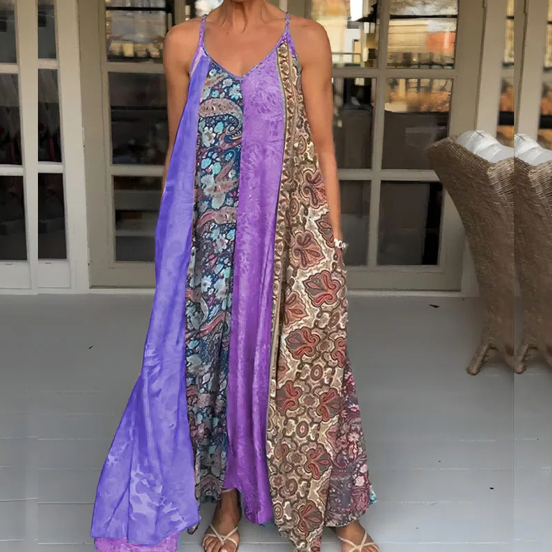 Bohemian Floral Print Pocket Spaghetti Strap Dress Fashion Lady V Neck Patchwork Long Dress Casual Loose Sleeveless Summer Dress 240529