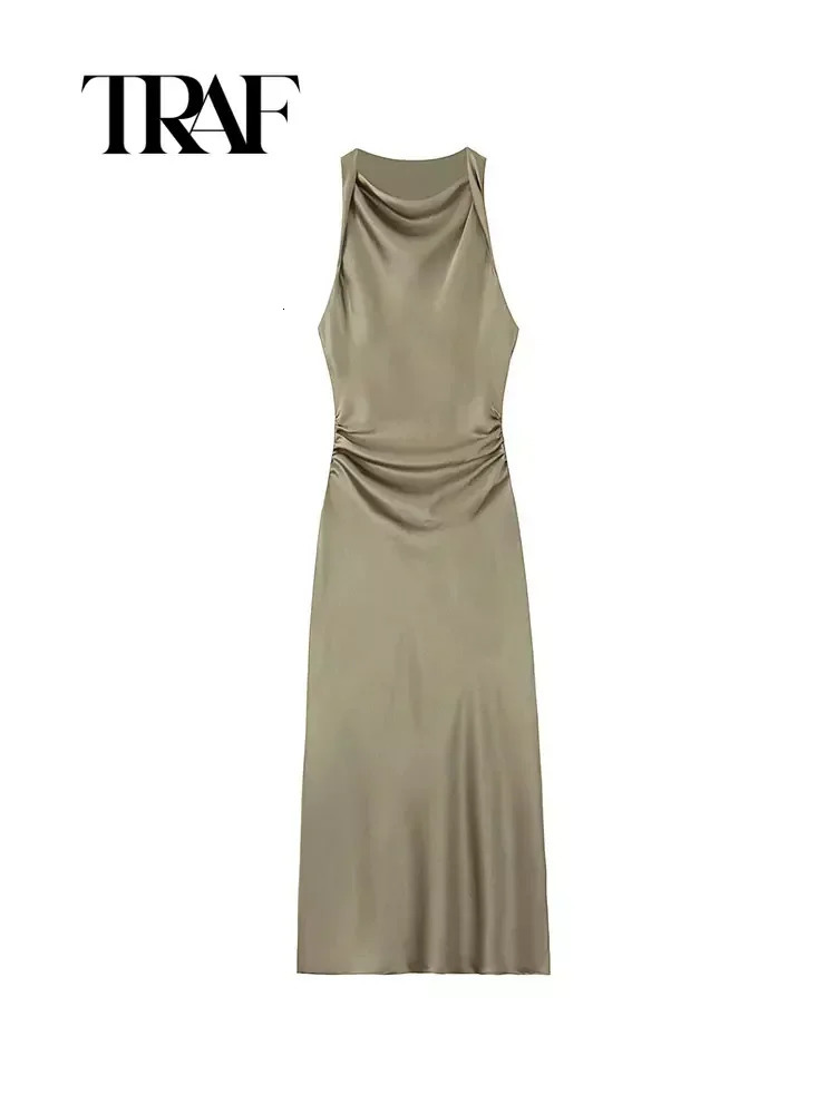 TRAF Midi Dresses for Women Satin Slip Long Dress Woman Sexy Halter Evening Party Female Dress Summer Evening Dresses 240529