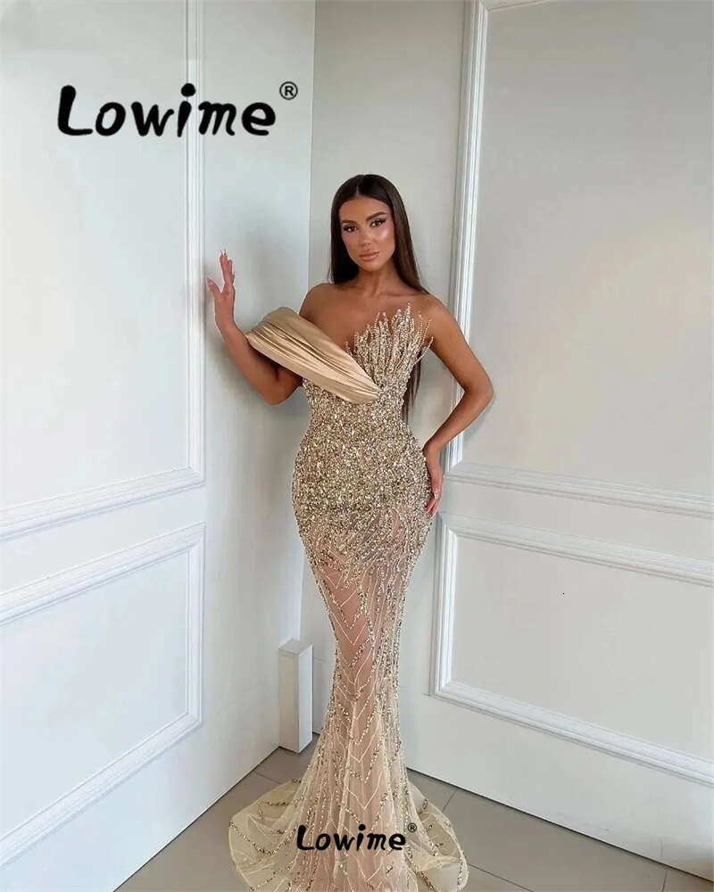 2024 Aso Ebi Champagne Mermaid Prom Dress Beaded Off Shoulder Evening Formal Party 50th Birthday Engagement Gowns Dresses Robes