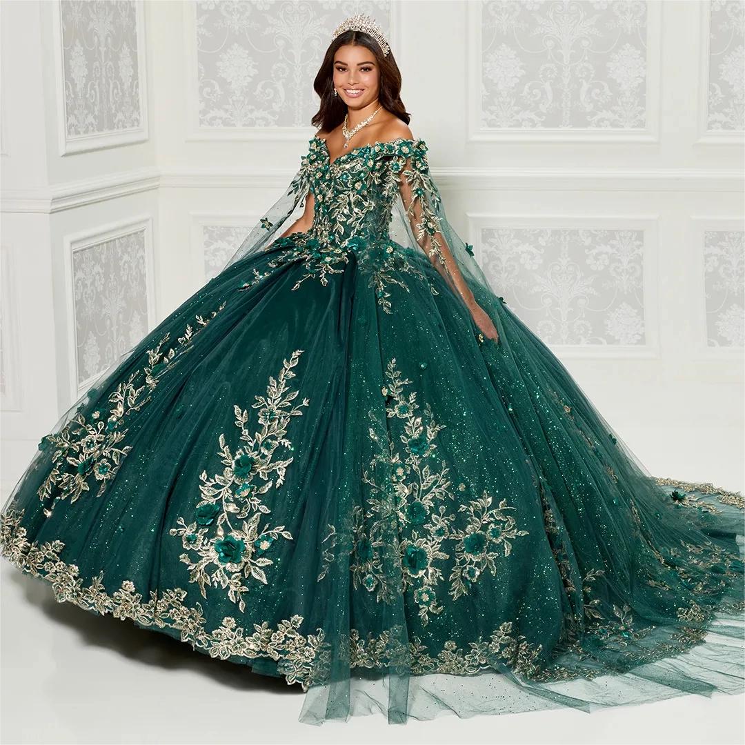 Shining Ball Gown Beaded Quinceanera Dresses With Detachable Long Sleeves Lace Appliqued Prom Gowns Off The Shoulder Necke Sweet 15 Masquerade Dress